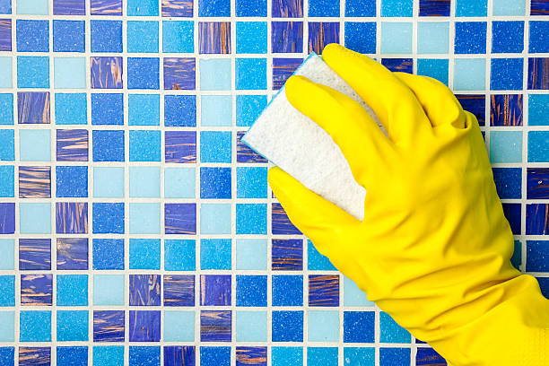 Pool specialist inspecting mineral scale on decorative tile with professional cleaning equipment