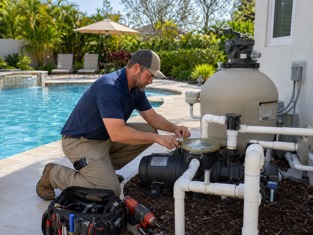 Technician repairing pool pump motor beside residential equipment pad before family swim day