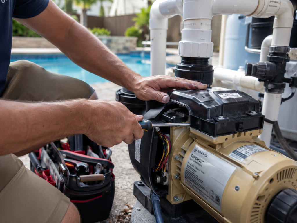 Experienced pool technician testing electrical and pressure components on complex equipment system