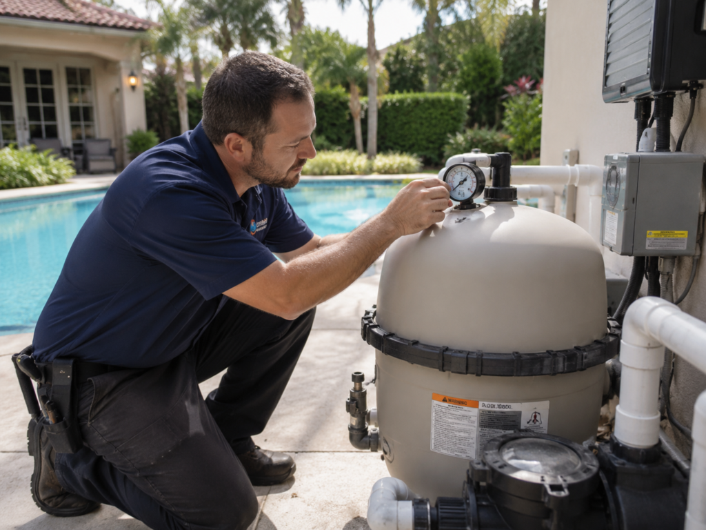 Pool technician repairing filter and pump assembly at backyard pool equipment pad