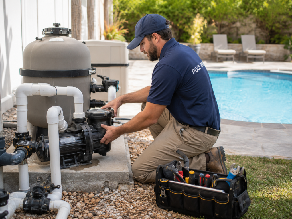 Skilled technician testing pool heater, pump, and control system for performance issues
