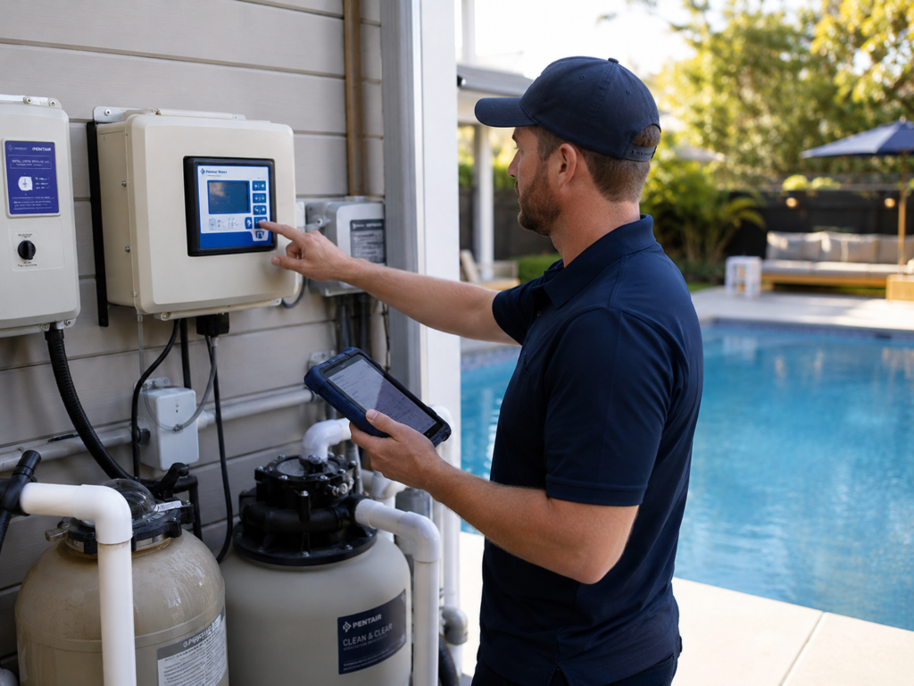 Technician diagnosing pool pump and filter issues beside residential backyard equipment pad