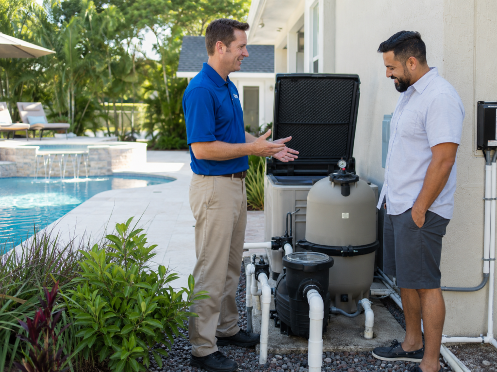 Experienced pool technician inspecting motor, wiring, and valves for hidden equipment faults