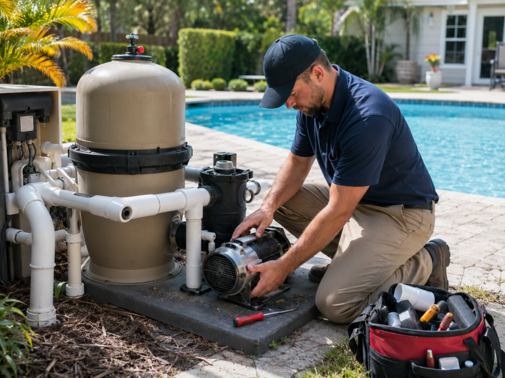 Pool technician repairing residential pump and filter system before weekend backyard gathering