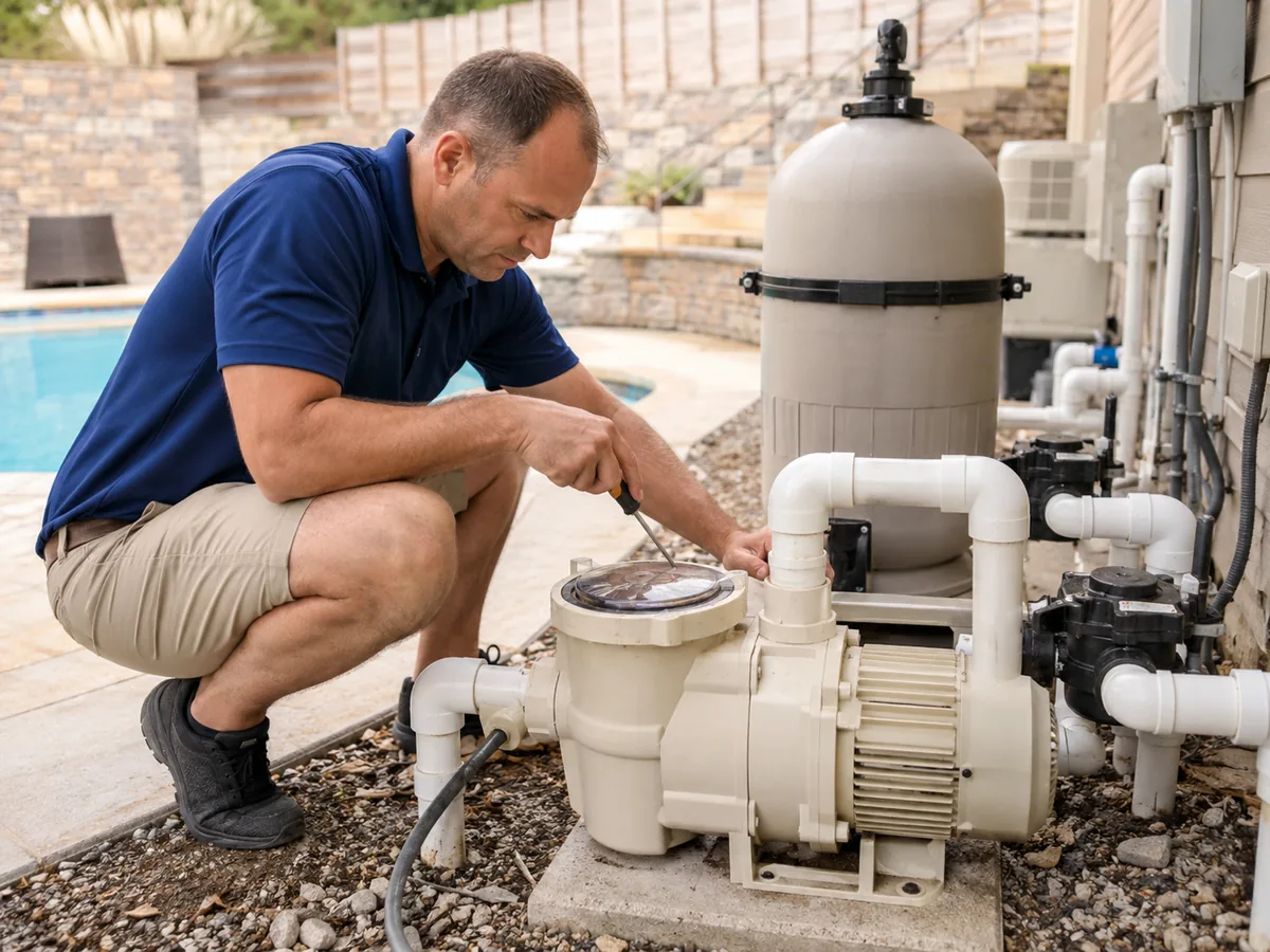 Pool Pump Repair in Santa Clarita - CA as a technician tests a noisy equipment motor