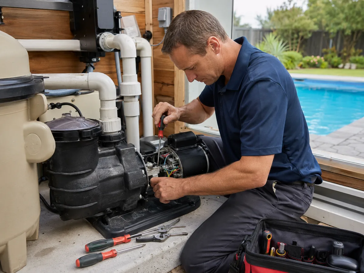 Technician performing Pool Pump Repair beside a residential equipment pad in Santa Clarita - CA
