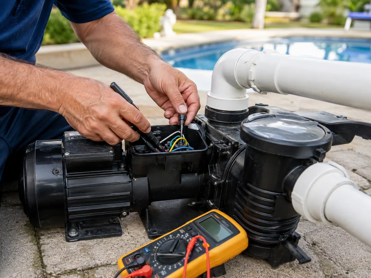 Pool Pump Repair in Stevenson Ranch - CA as a technician checks pressure and motor performance