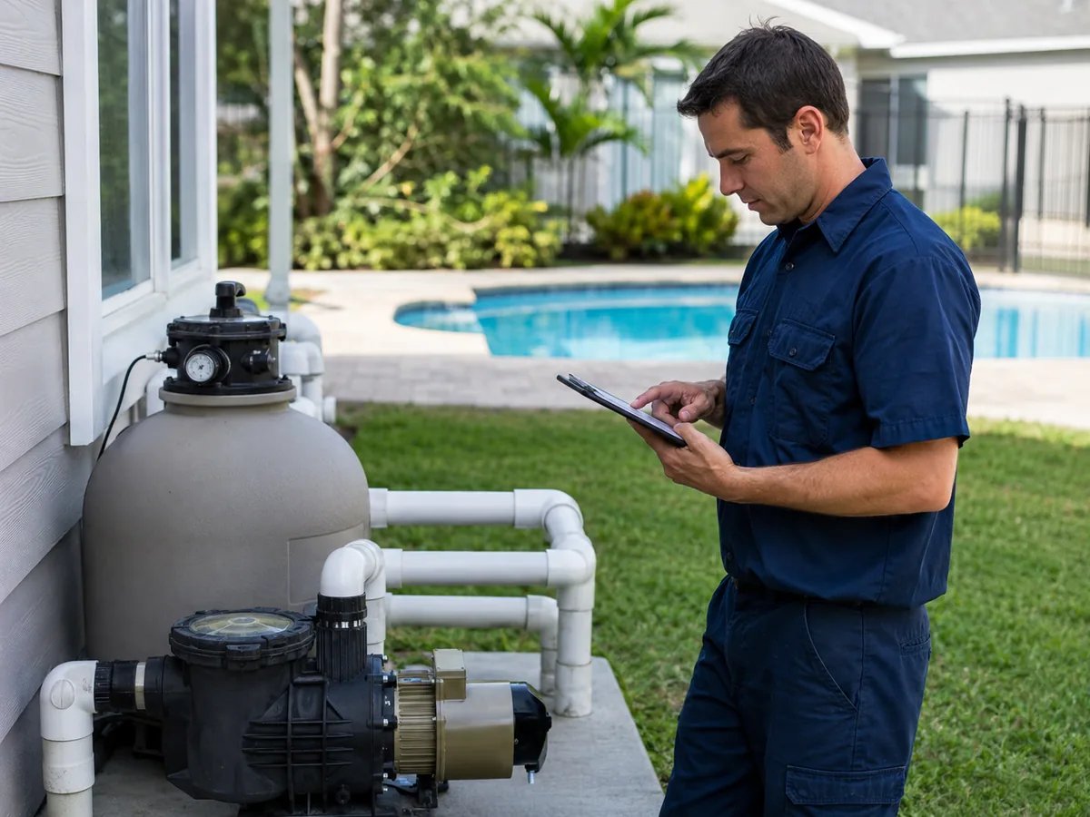 Specialist completing Pool Pump Repair on a backyard system in Stevenson Ranch - CA