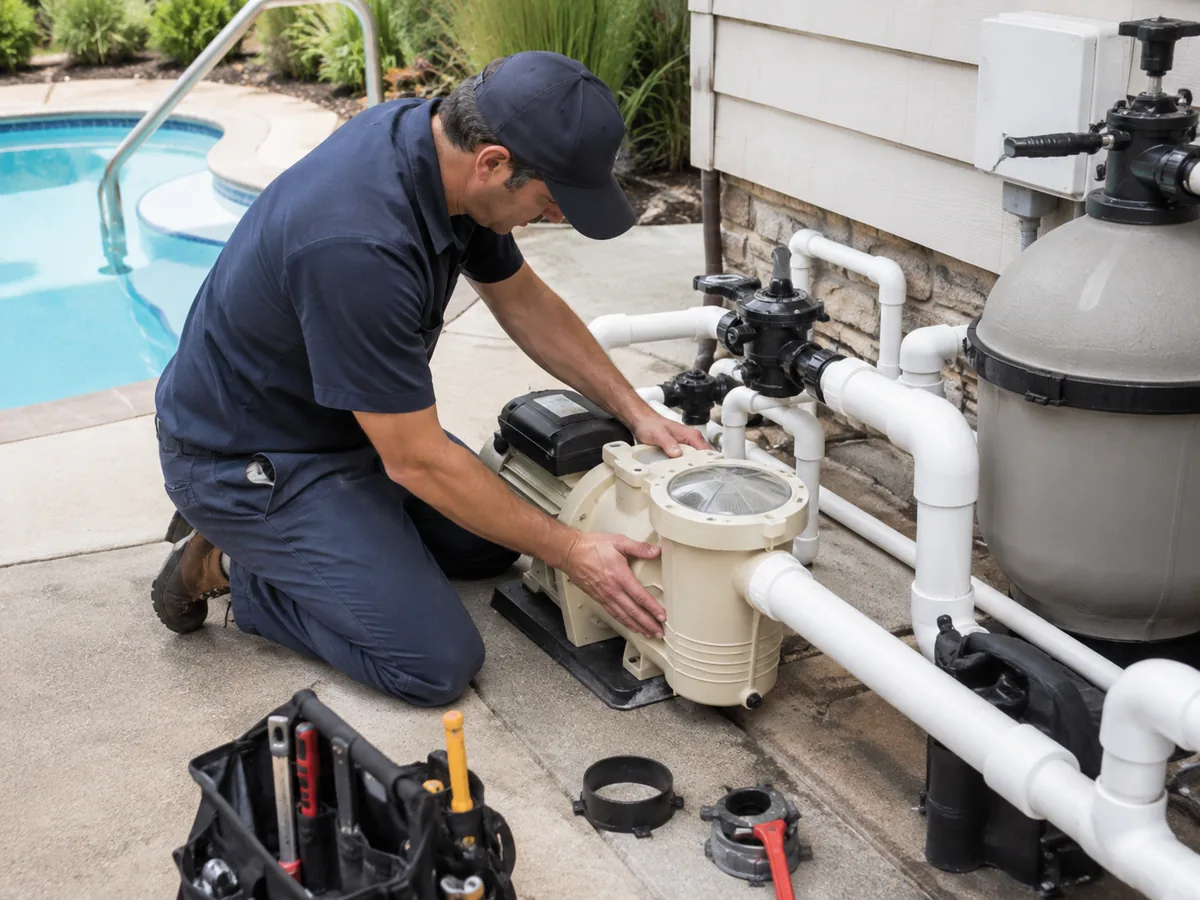 Pool Pump Repair in Saugus - CA as a technician tests motor output beside a backyard pool