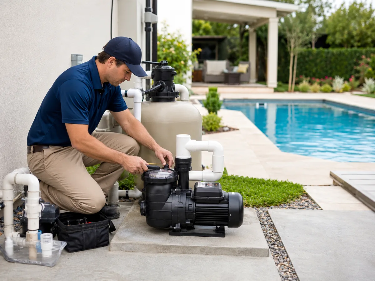 Technician performing Pool Pump Repair near filtration equipment in a Saugus - CA backyard