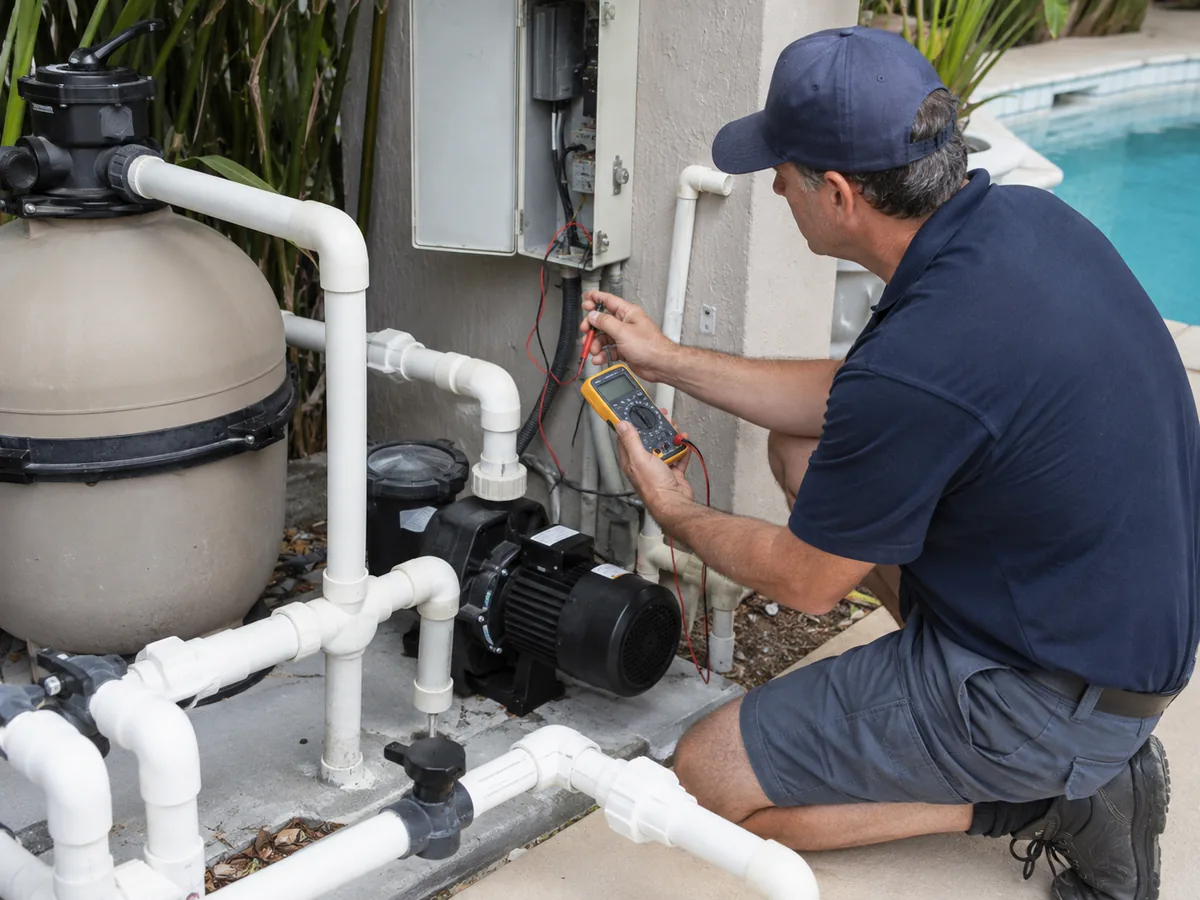 Pool Pump Repair in Canyon Country - CA as a technician checks pressure and motor performance