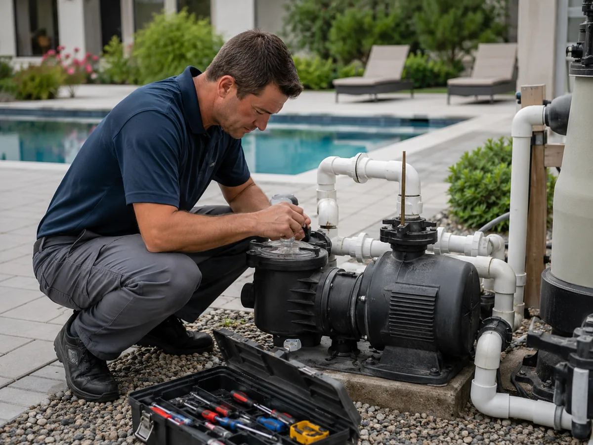 Technician performing Pool Pump Repair beside equipment pad at a Canyon Country - CA home