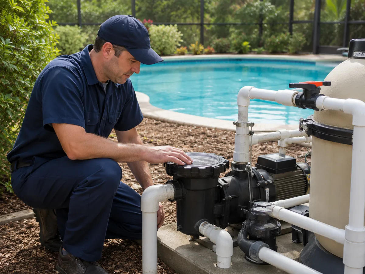 Technician performing Pool Pump Repair beside a backyard system in Castaic - CA during equipment testing
