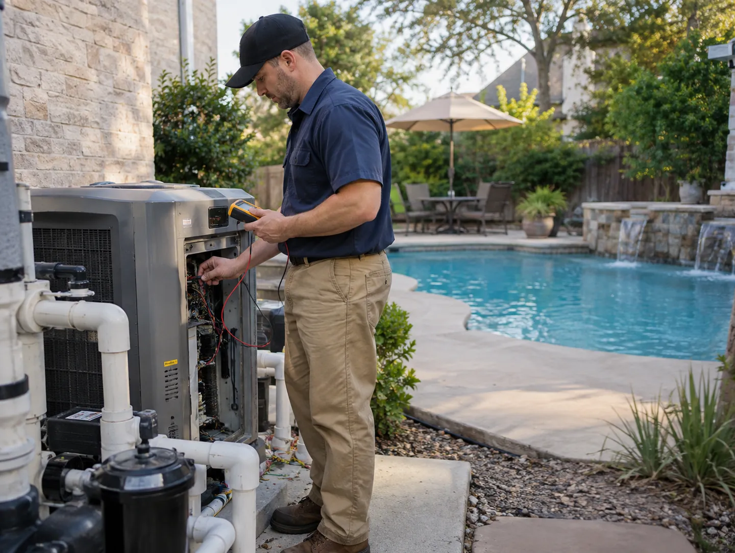 Specialist performing Pool Leak Detection near a Canyon Country - CA pool equipment pad with testing tools, Technician performing Pool Heater Repair on equipment in Santa Clarita - CA while testing temperature settings