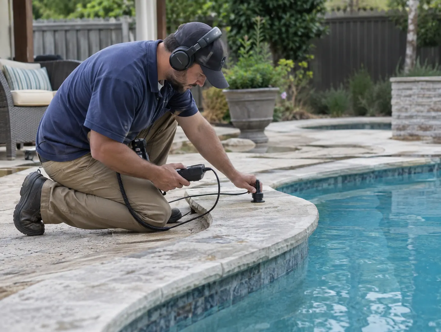 Pool Leak Detection near me, Pool Leak Detection in Stevenson Ranch - CA as a technician tests a skimmer line beside the pool