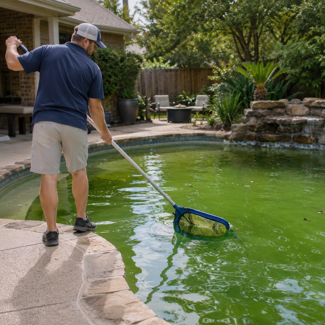 Green Pool Cleanup in Santa Clarita - CA underway as a technician brushes algae from pool walls