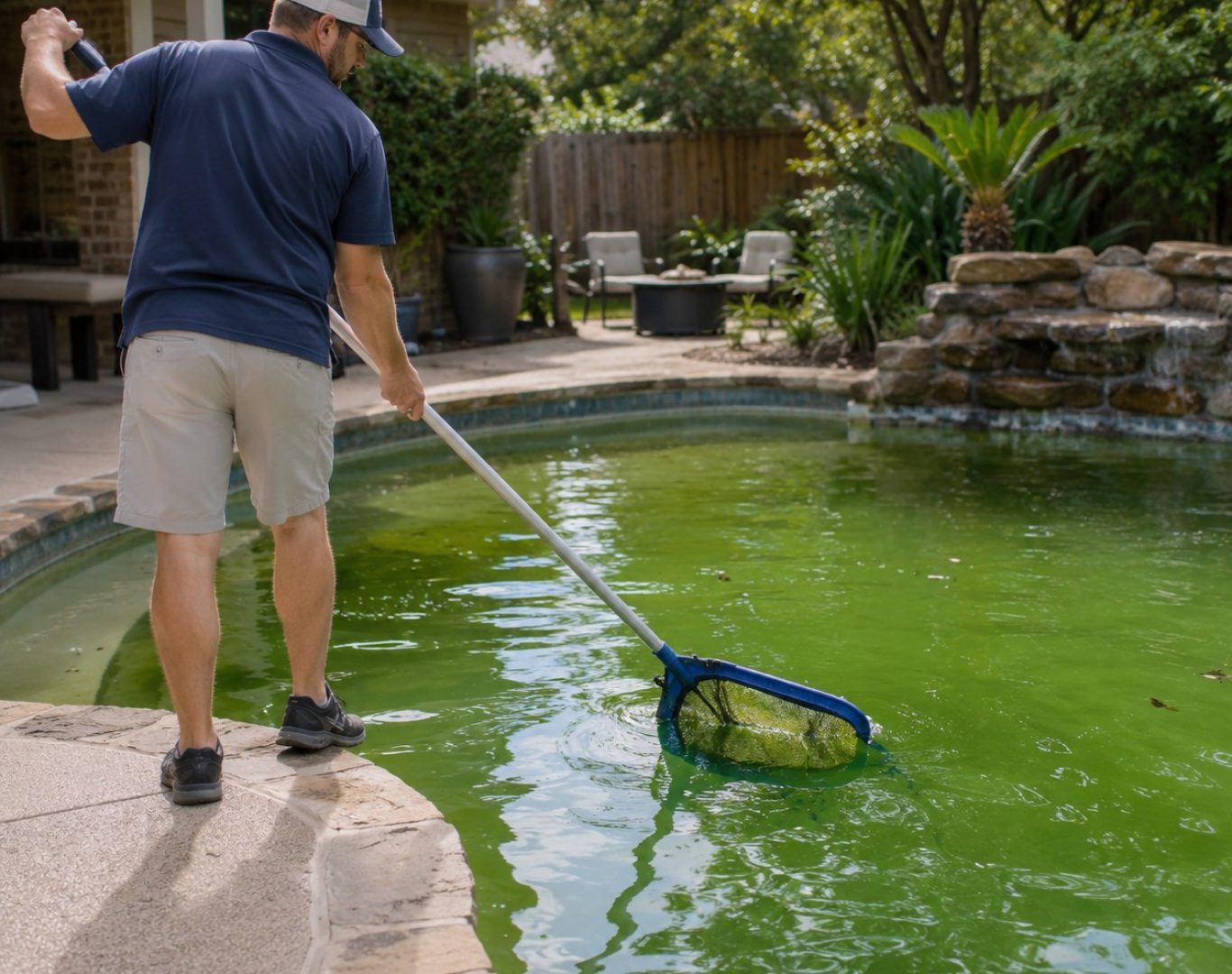 Green Pool Cleanup in Santa Clarita - CA underway as a technician brushes algae from pool walls