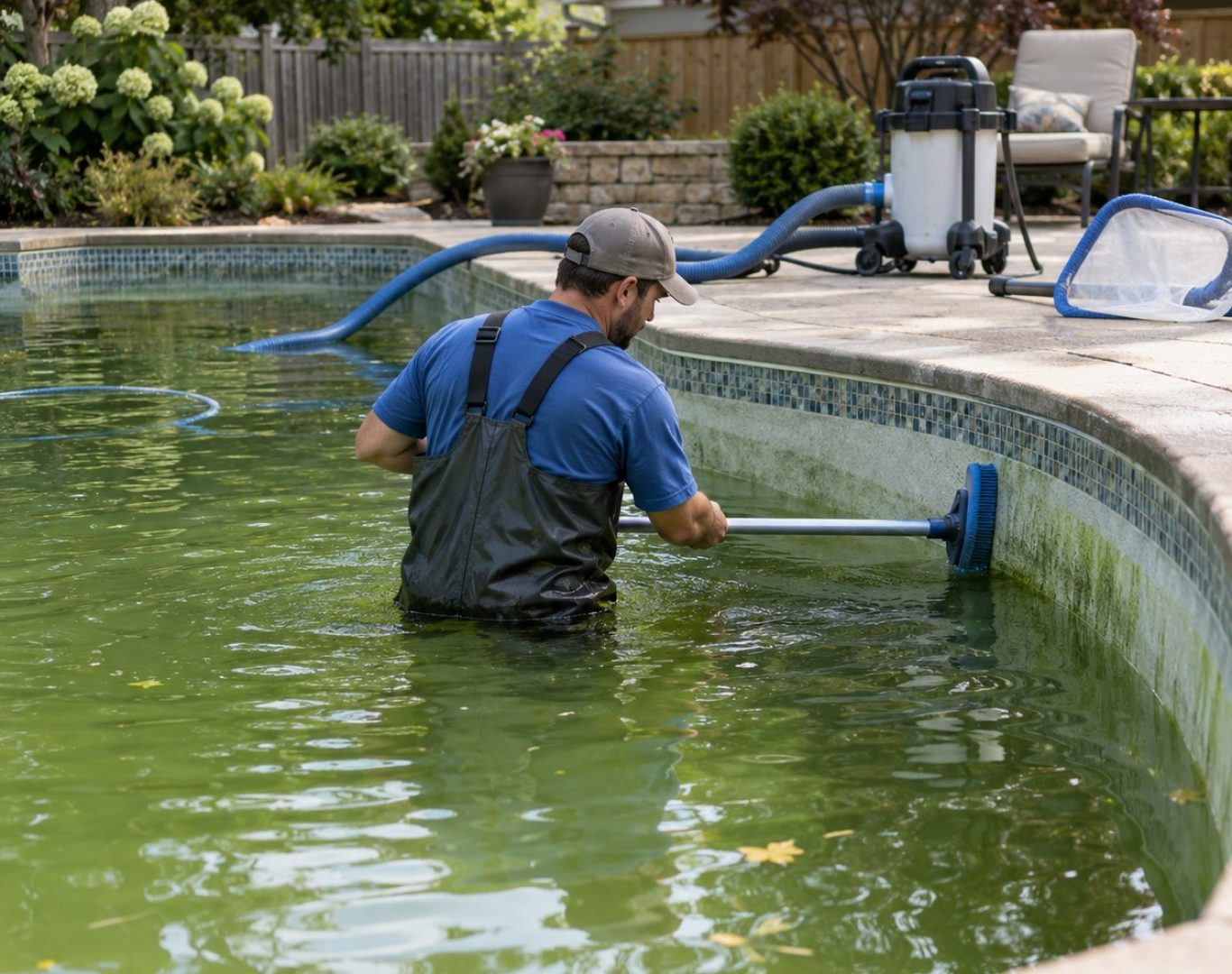 Technician performing Green Pool Cleanup beside a Santa Clarita - CA backyard pool with heavy algae buildup