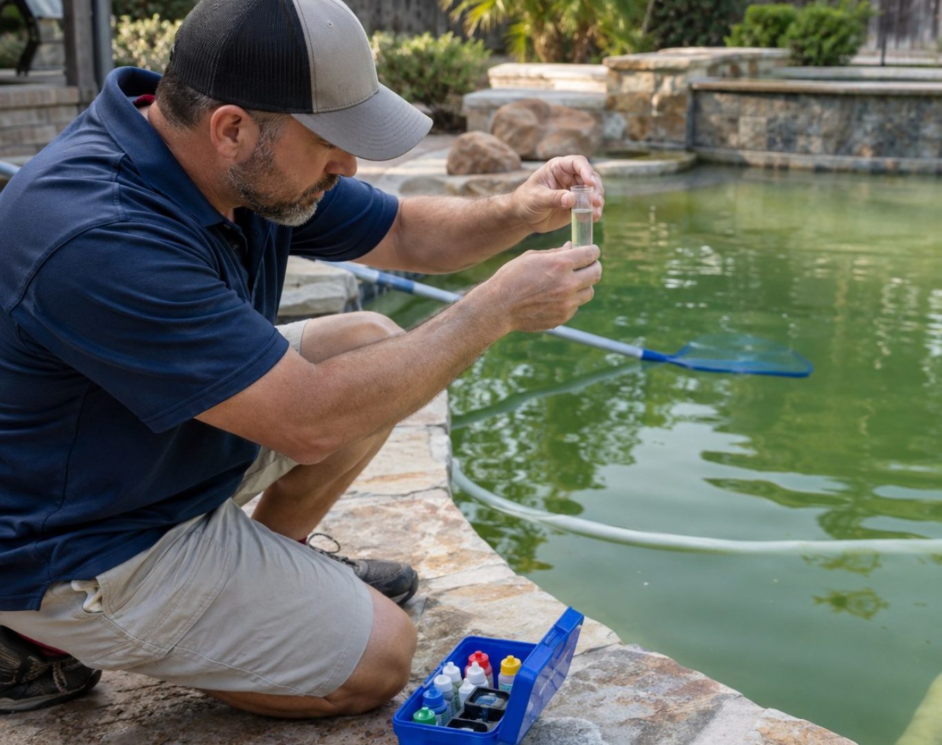 Pool Leak Detection in Castaic - CA as a technician inspects skimmer lines beside a backyard pool