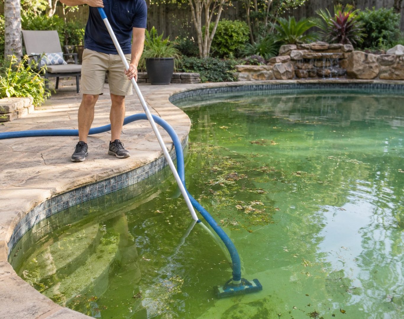 Technician performing Pool Leak Detection in a Castaic - CA backyard using specialized inspection tools