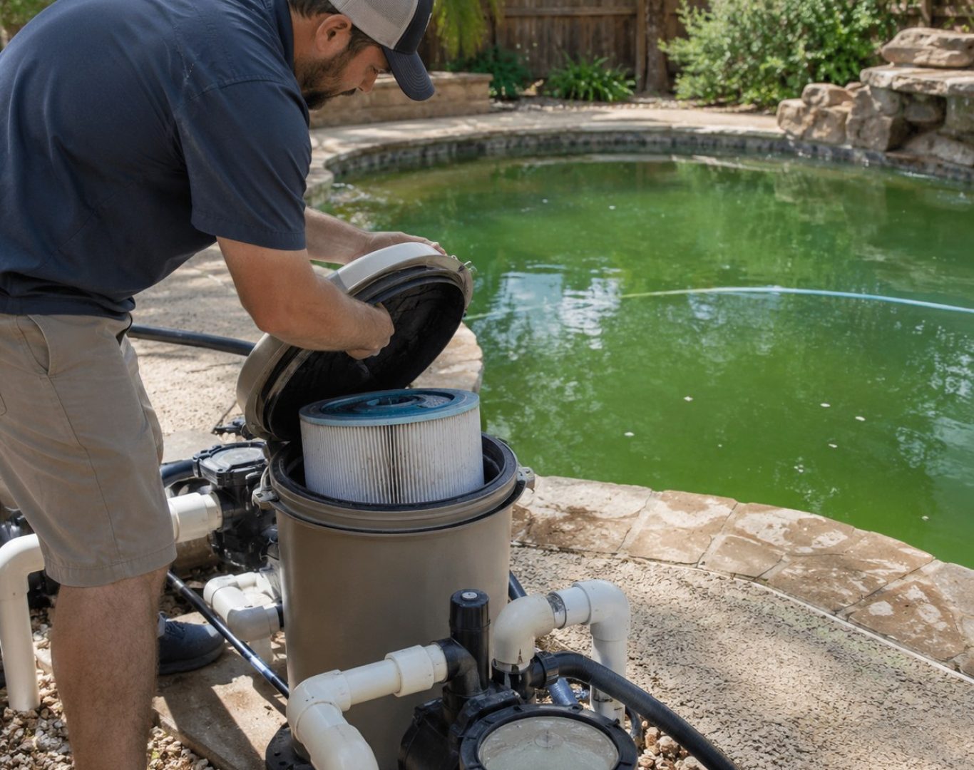Green Pool Cleanup in Stevenson Ranch - CA underway as a technician removes debris from cloudy water