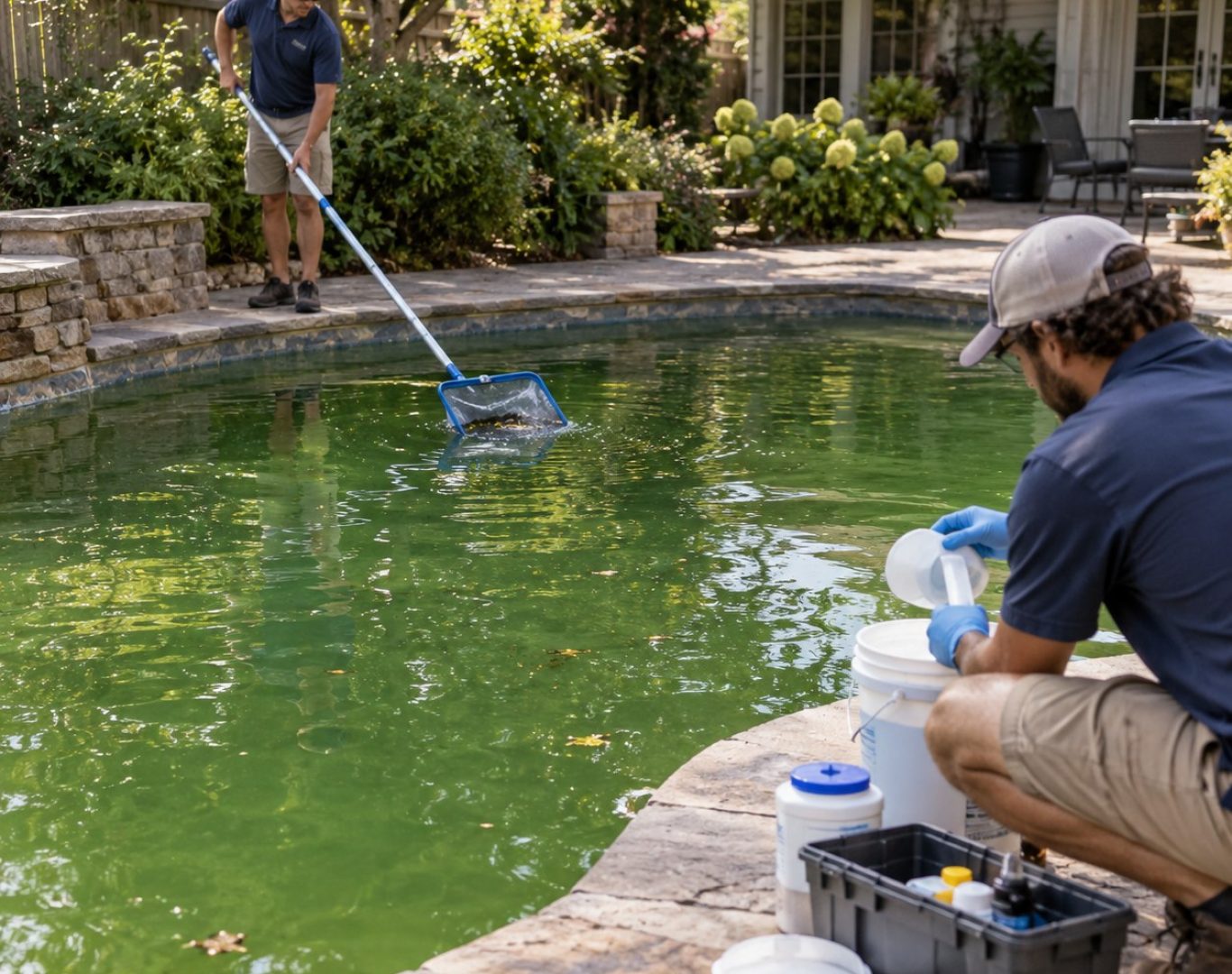 Technician performing Green Pool Cleanup beside a Stevenson Ranch - CA pool with heavy algae buildup