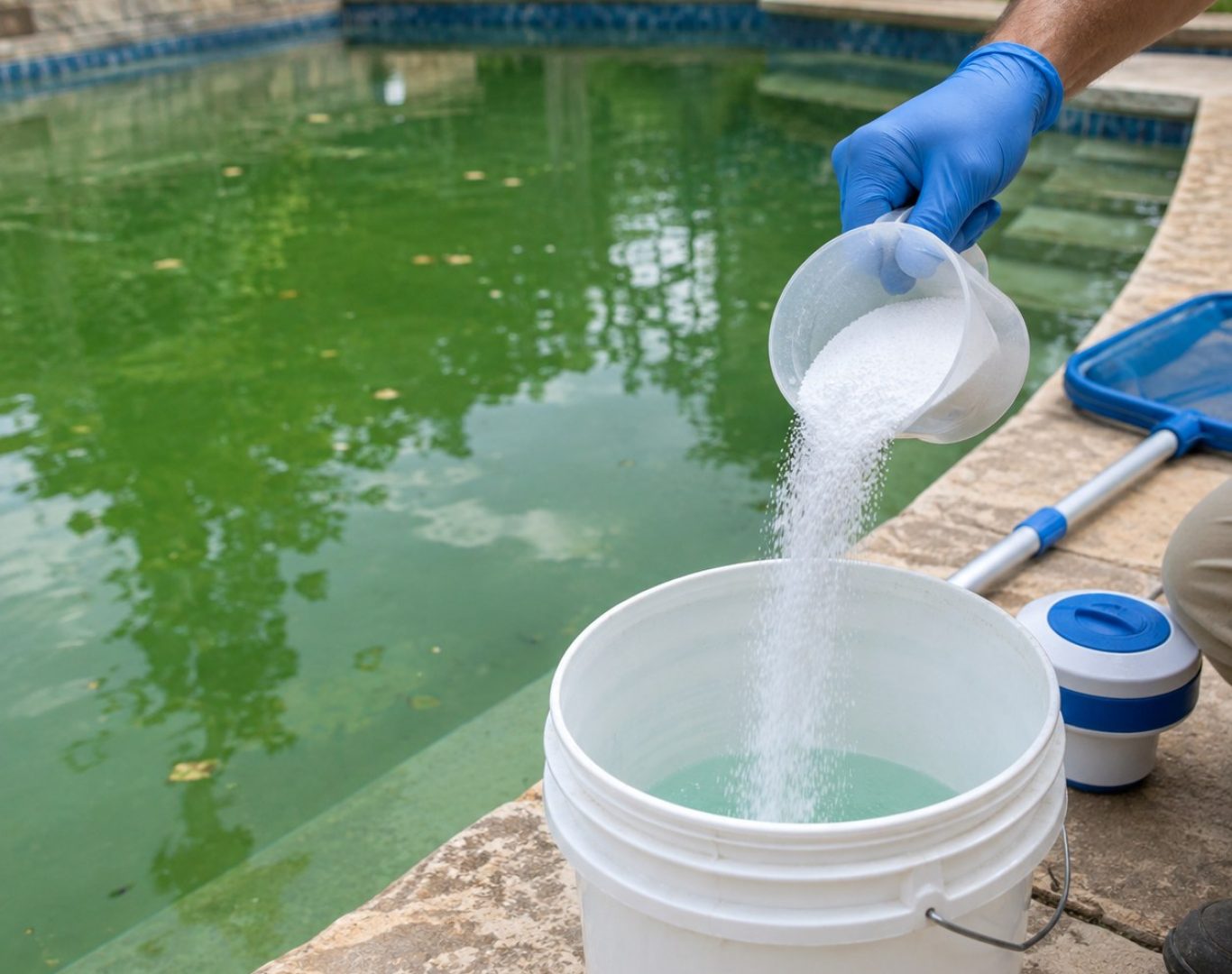 Green Pool Cleanup in Saugus - CA in progress as a technician brushes algae from pool walls