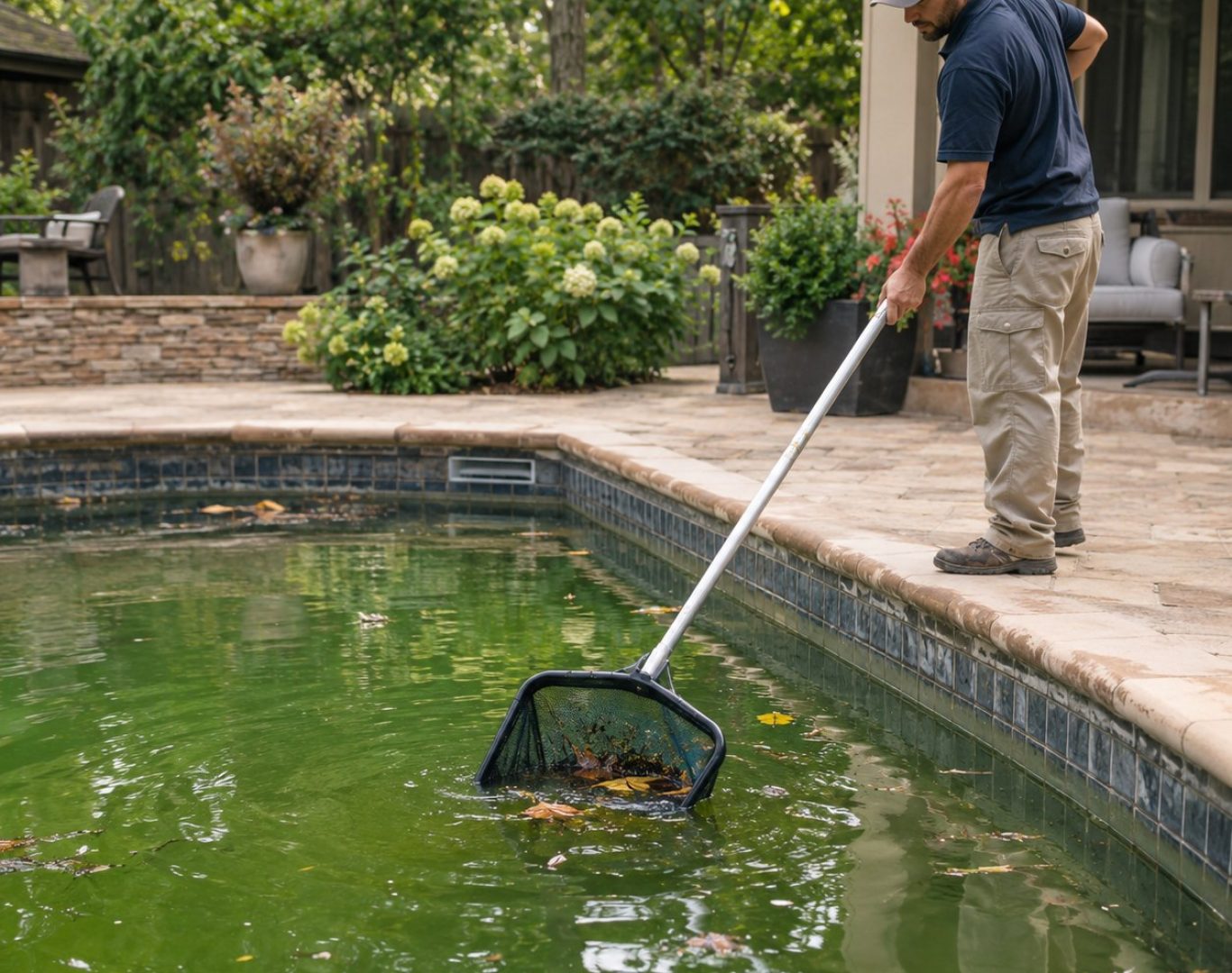 Pool technician performing Green Pool Cleanup at a Saugus - CA home while checking cloudy water conditions