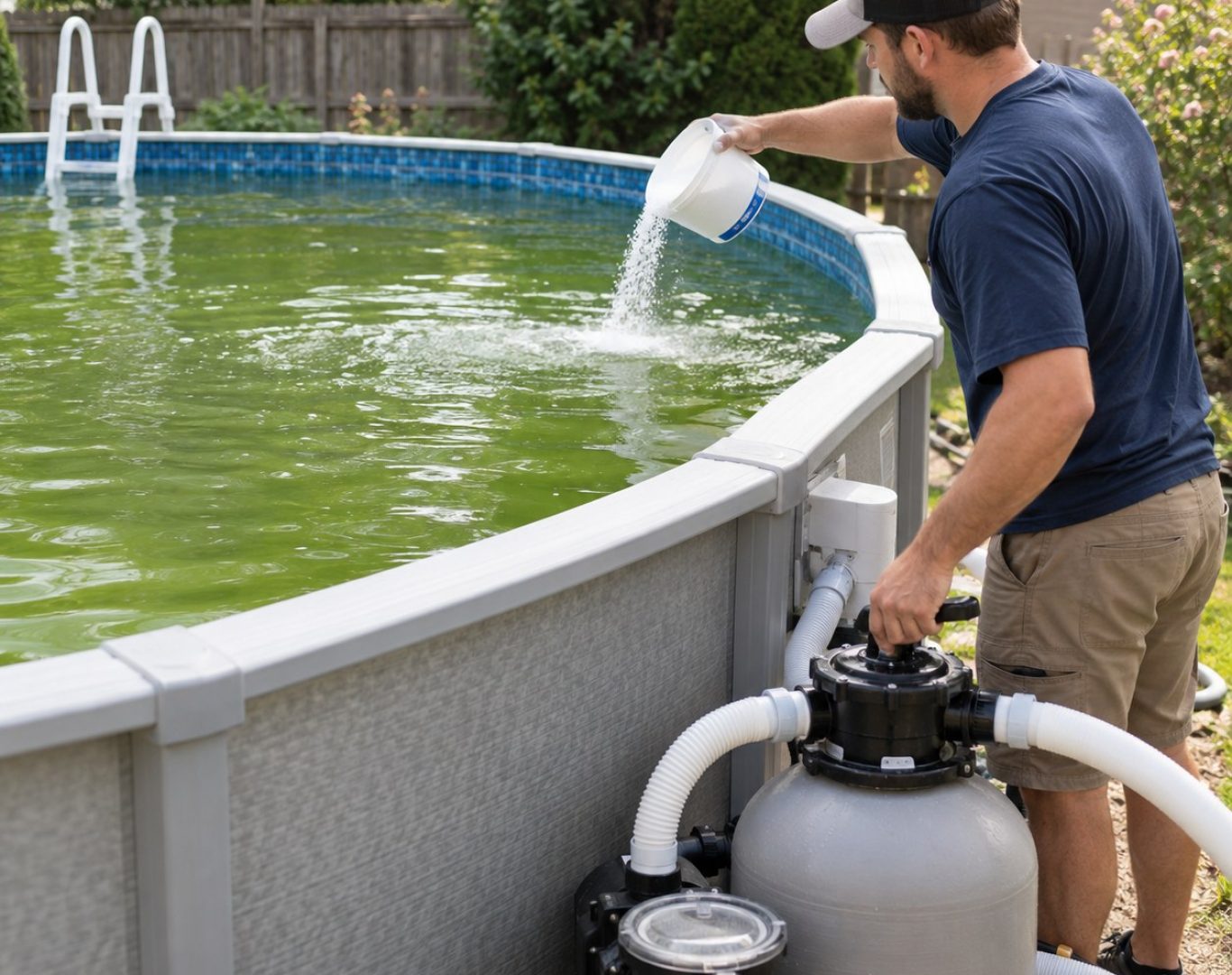 Green Pool Cleanup in Canyon Country - CA underway as a technician vacuums debris from a cloudy pool