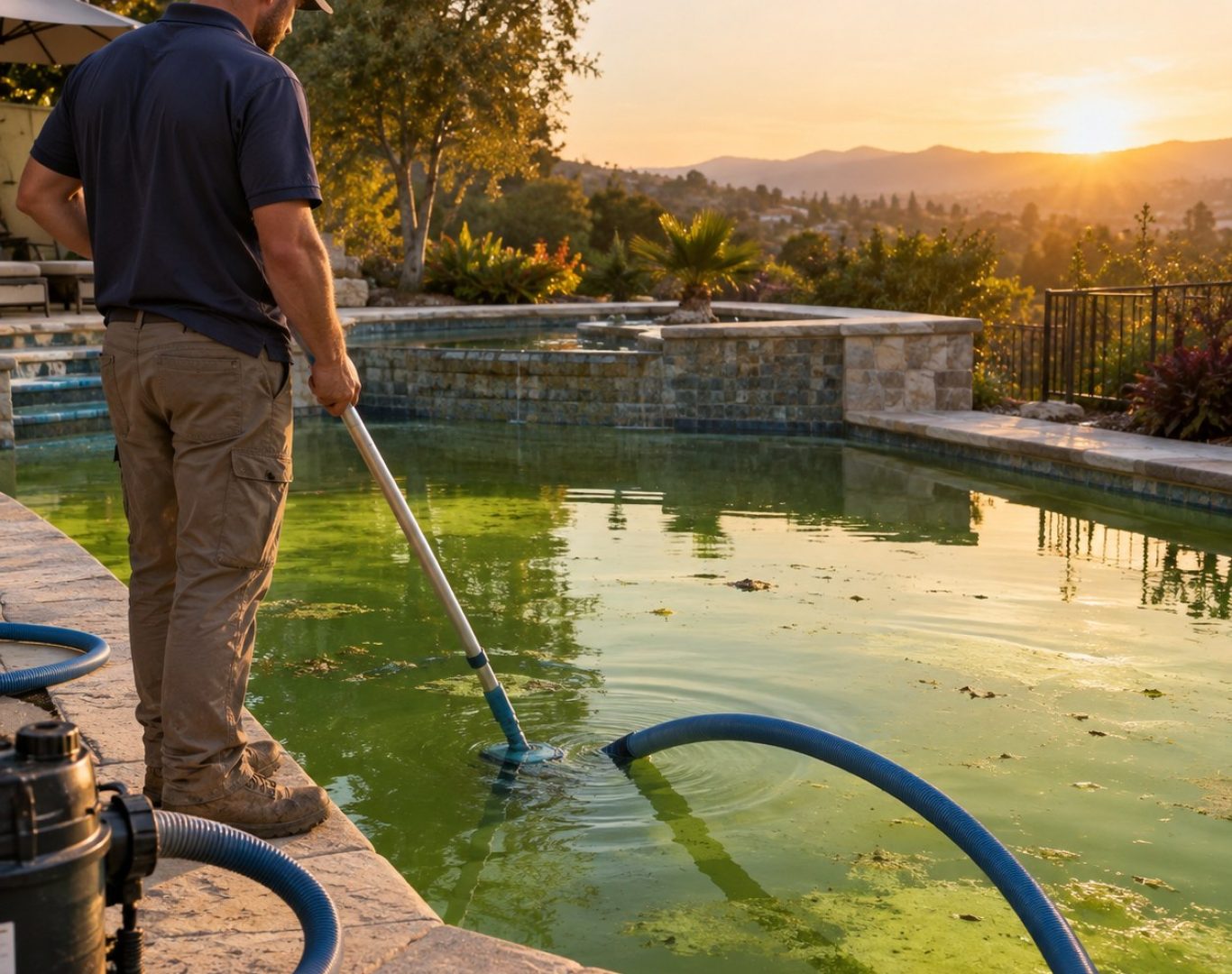 Technician performing Green Pool Cleanup beside a Canyon Country - CA backyard pool with visible algae