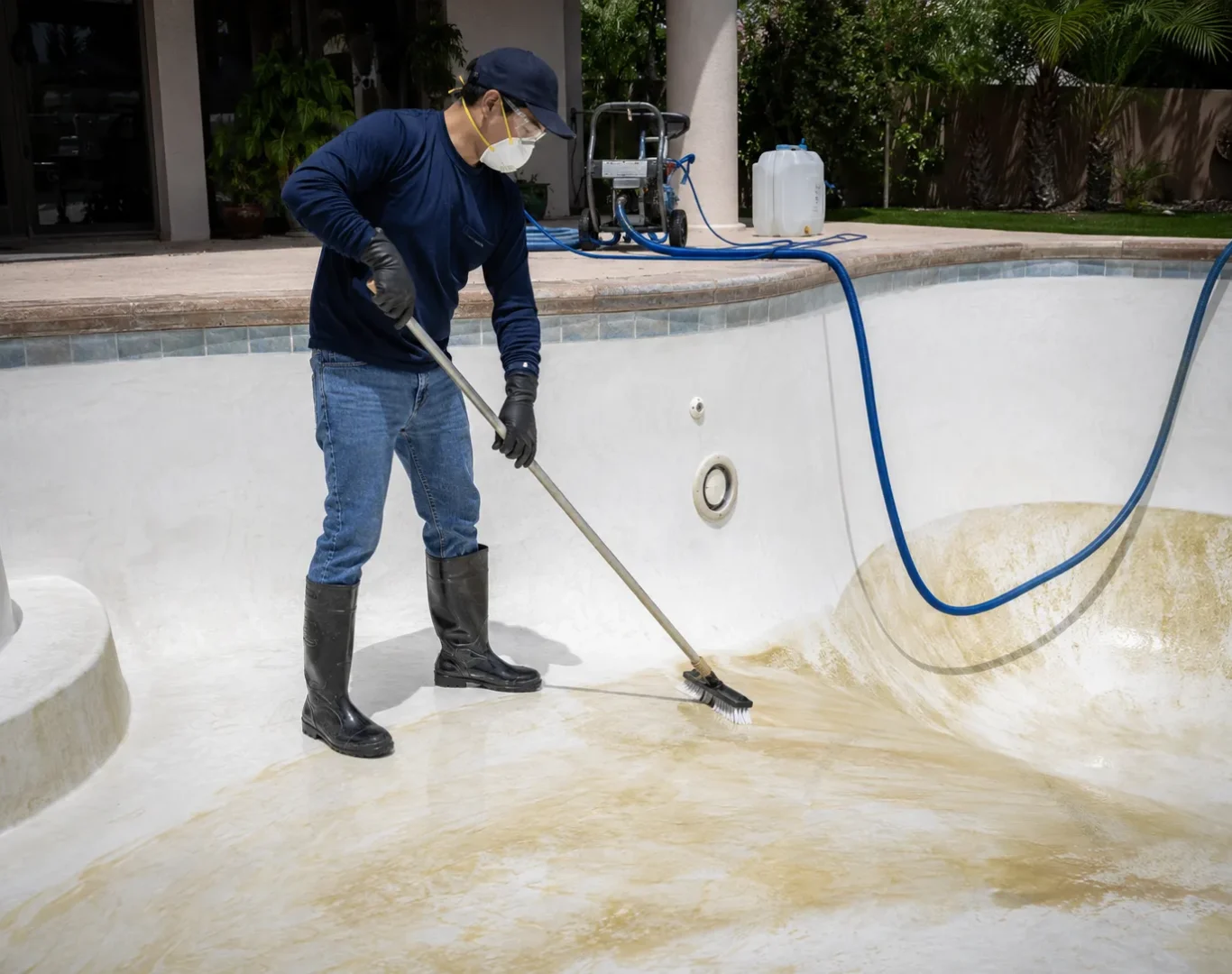 Technician acid washing stained plaster pool before summer backyard entertaining