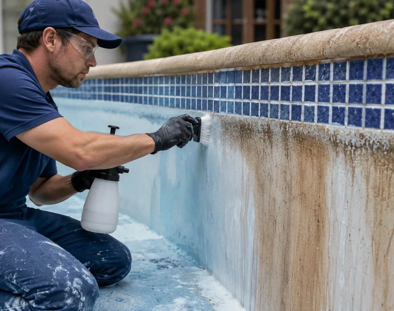 Experienced pool specialist evaluating stained plaster surface before acid wash treatment