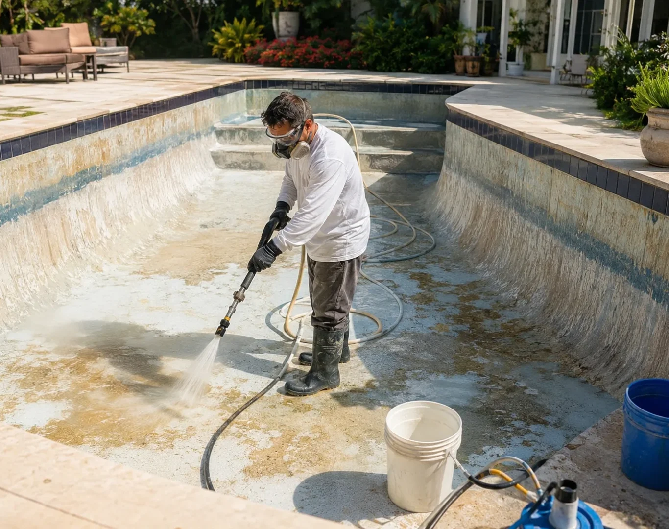 Pool technician restoring stained plaster pool before a weekend family gathering