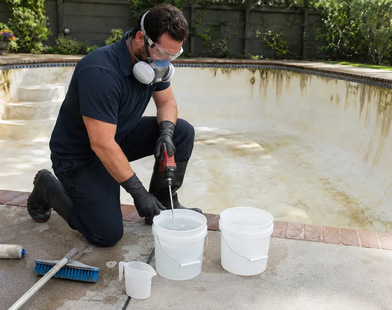 Pool specialist examining mineral staining and worn plaster with careful technique