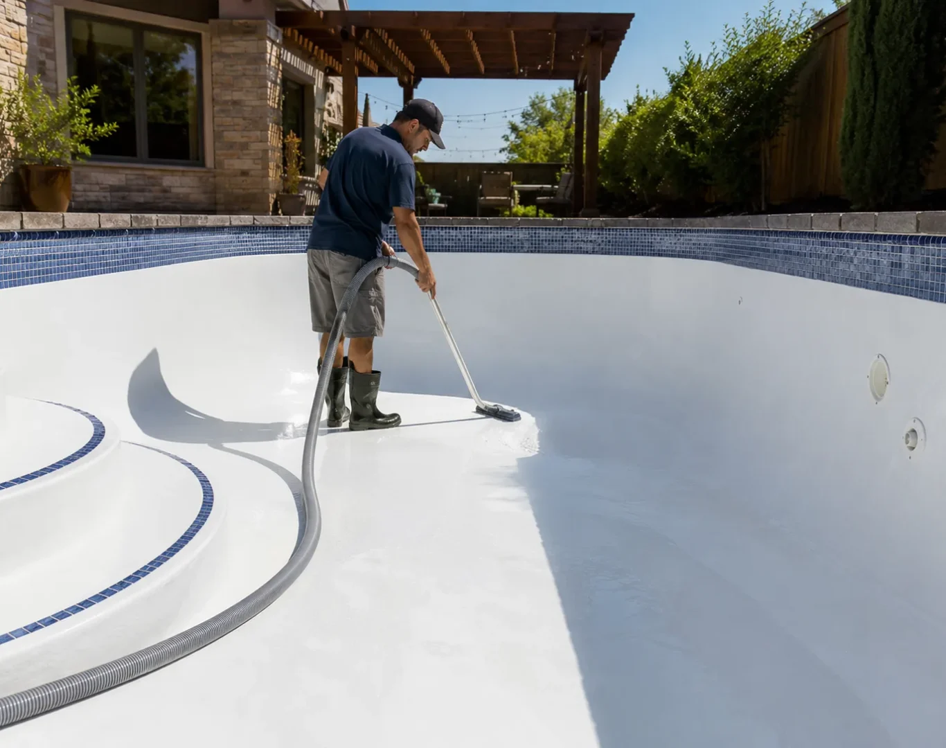 Technician restoring stained plaster pool before backyard gathering in Canyon Country