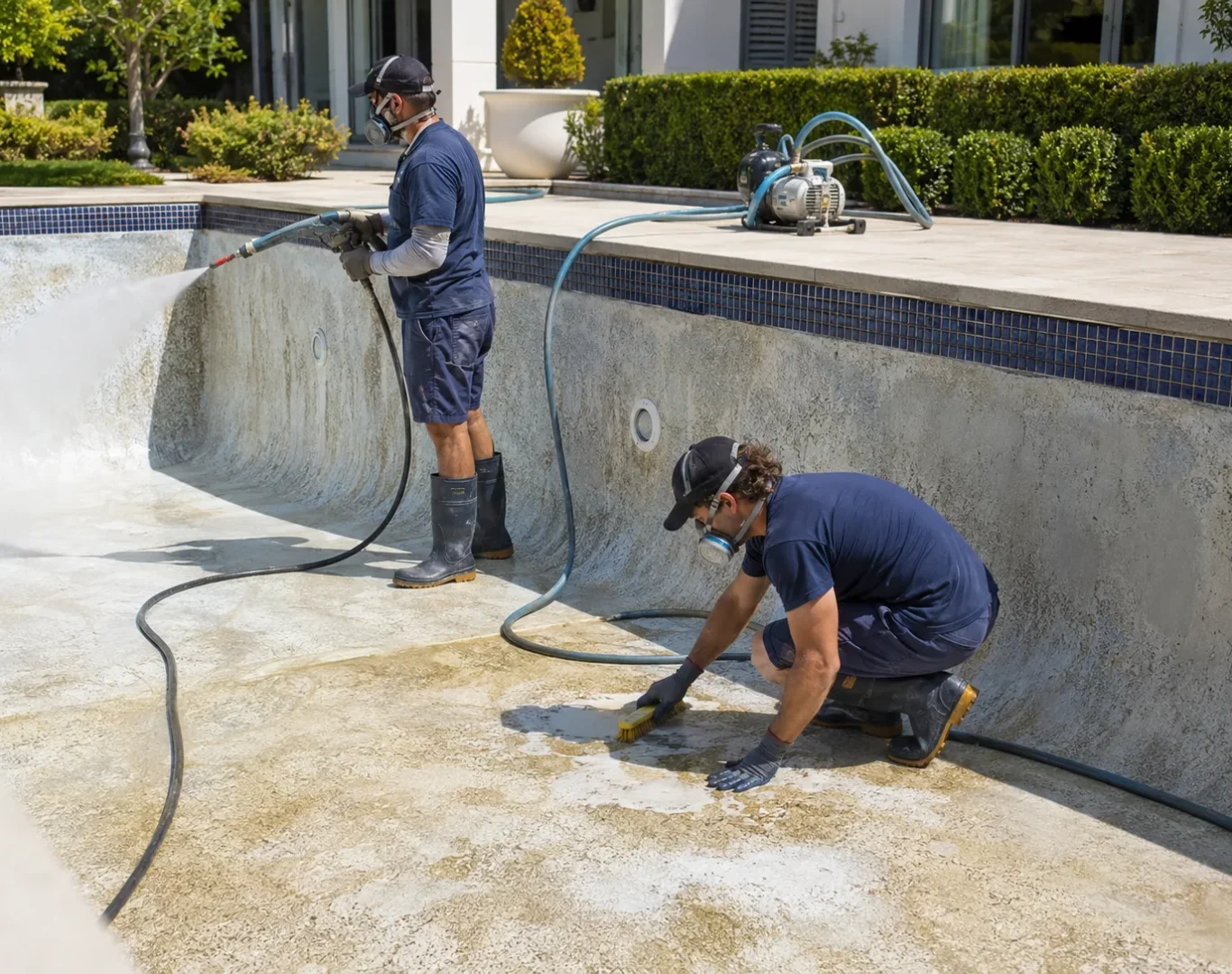 Technician performing Acid Wash Service on a stained backyard pool surface in Castaic - CA