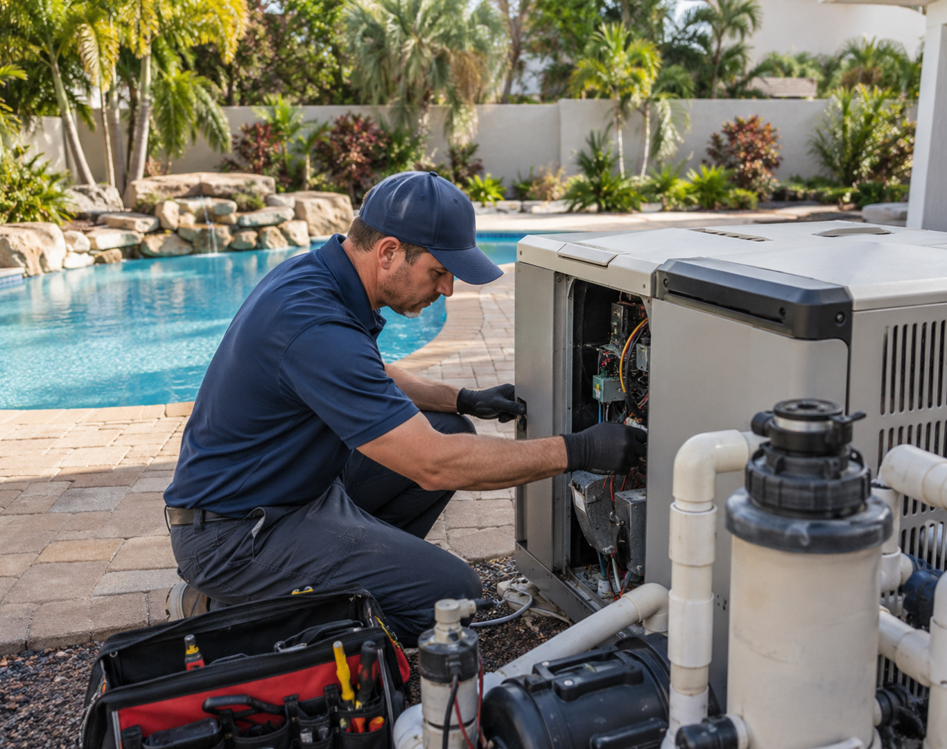 Pool technician diagnosing filter and pump system with testing tools at equipment pad