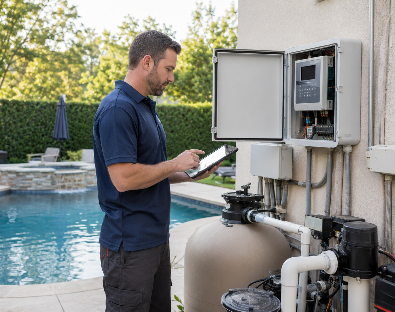 Technician repairing noisy pool pump beside backyard pool before family weekend swim