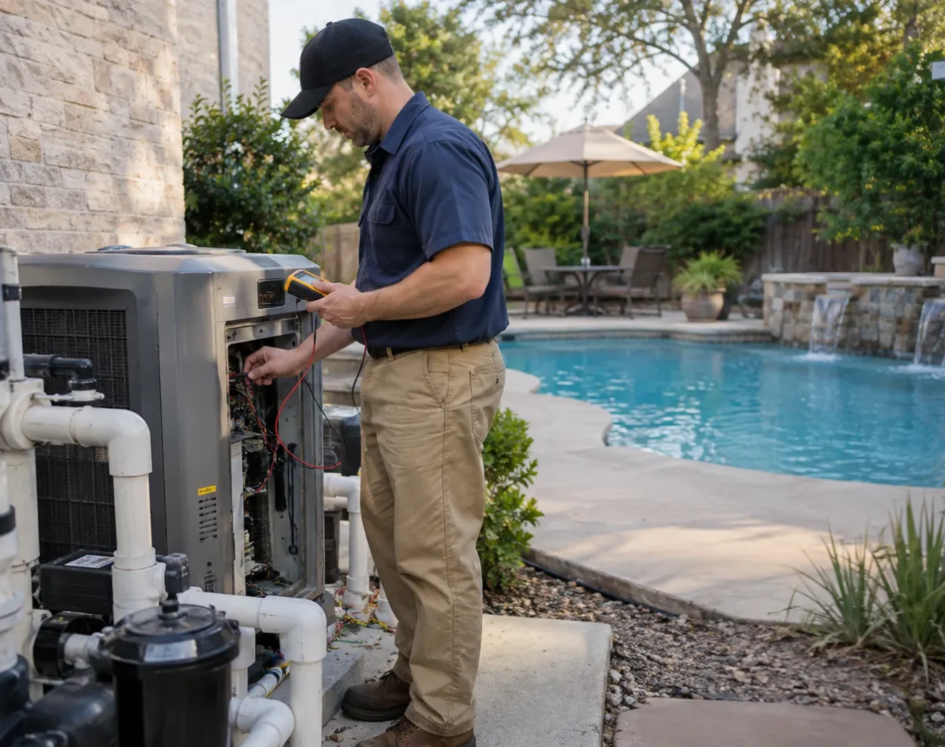 Specialist performing Pool Leak Detection near a Canyon Country - CA pool equipment pad with testing tools, Technician performing Pool Heater Repair on equipment in Santa Clarita - CA while testing temperature settings