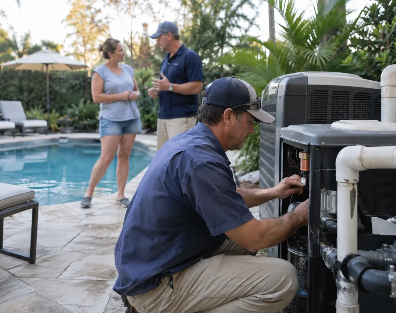Technician performing Pool Heater Repair beside a Castaic - CA pool equipment pad with testing tools, Pool Heater Repair in Stevenson Ranch - CA as a technician tests controls beside a residential pool heater, Technician performing Pool Heater Repair in a Stevenson Ranch - CA backyard while checking heater temperature output