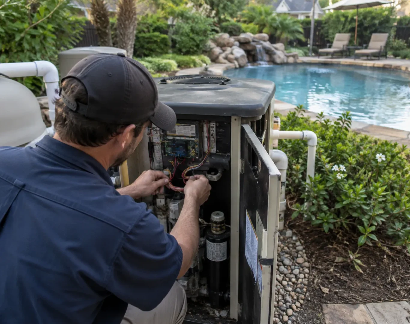 Pool Leak Detection in Santa Clarita - CA as a technician checks waterline loss near pool tile, Pool Heater Repair in Saugus - CA as a technician checks a residential heater control panel