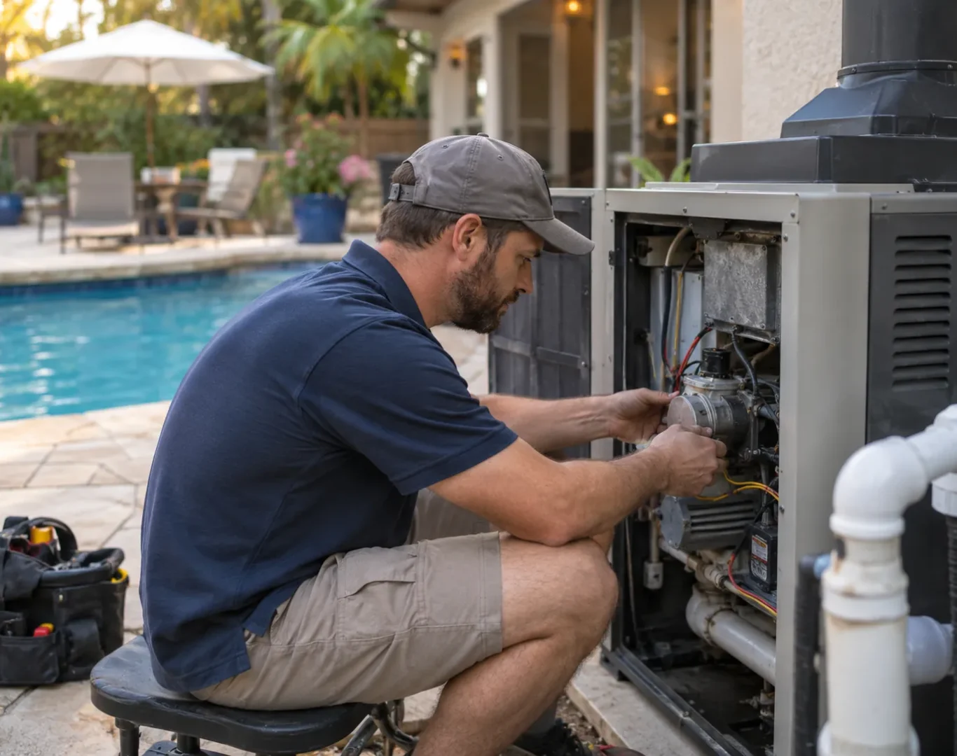 Pool Leak Detection in Santa Clarita - CA as a technician checks waterline loss near pool tile