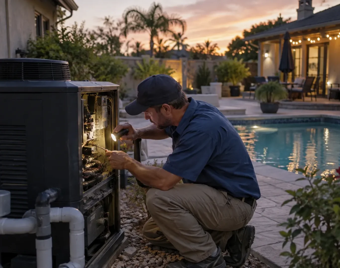 Pool Leak Detection in Stevenson Ranch - CA as a technician tests a skimmer line beside the pool, Pool Heater Repair in Saugus - CA as a technician checks a residential heater control panel