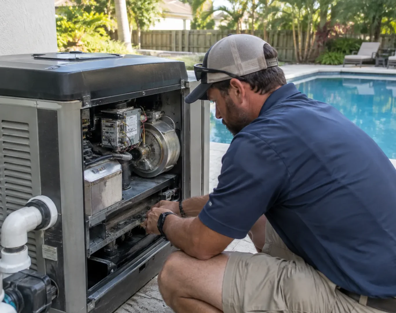Specialist performing Pool Leak Detection beside a Stevenson Ranch - CA pool with testing tools and pressure gauges, Technician performing Pool Heater Repair beside a Saugus - CA pool while testing water temperature output