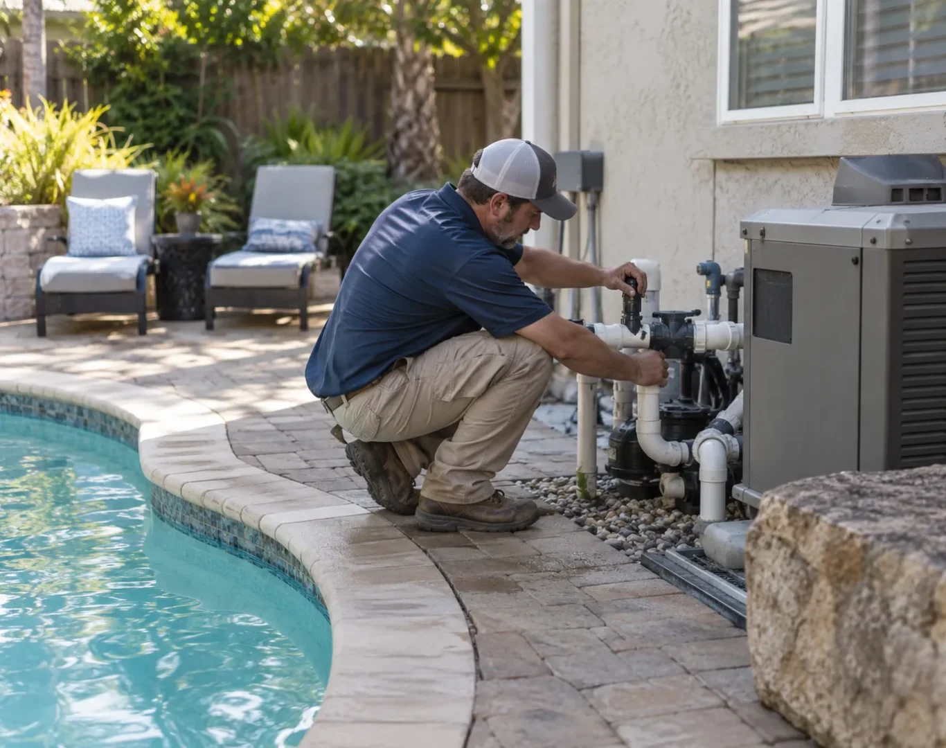 Pool Leak Detection in Saugus - CA as a technician checks pool plumbing near the equipment pad, Pool Heater Repair in Canyon Country - CA as a technician tests a heater ignition assembly