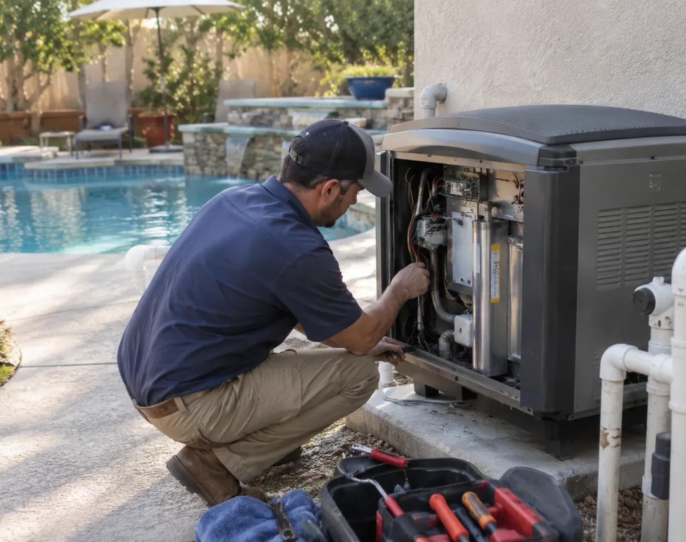 Technician performing Pool Leak Detection at a Saugus - CA backyard pool using dye and pressure testing tools, Technician handling Pool Heater Repair at a Canyon Country - CA backyard equipment pad while checking system readings