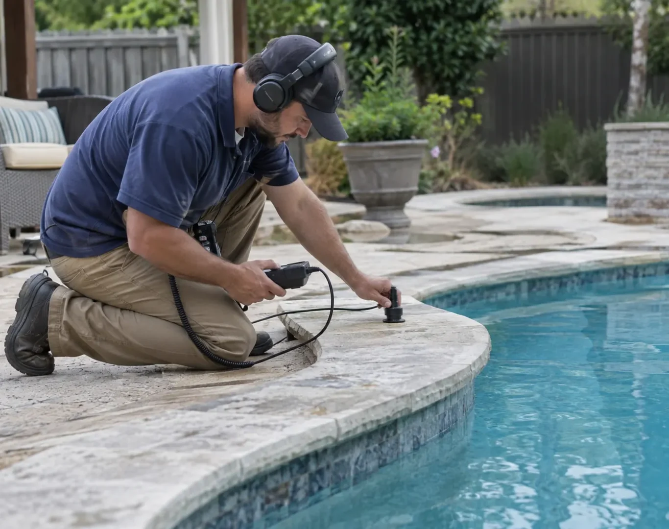 Pool Leak Detection near me, Pool Leak Detection in Stevenson Ranch - CA as a technician tests a skimmer line beside the pool