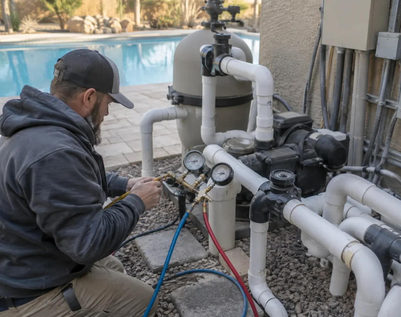 Specialist performing Pool Leak Detection beside a Stevenson Ranch - CA pool with testing tools and pressure gauges