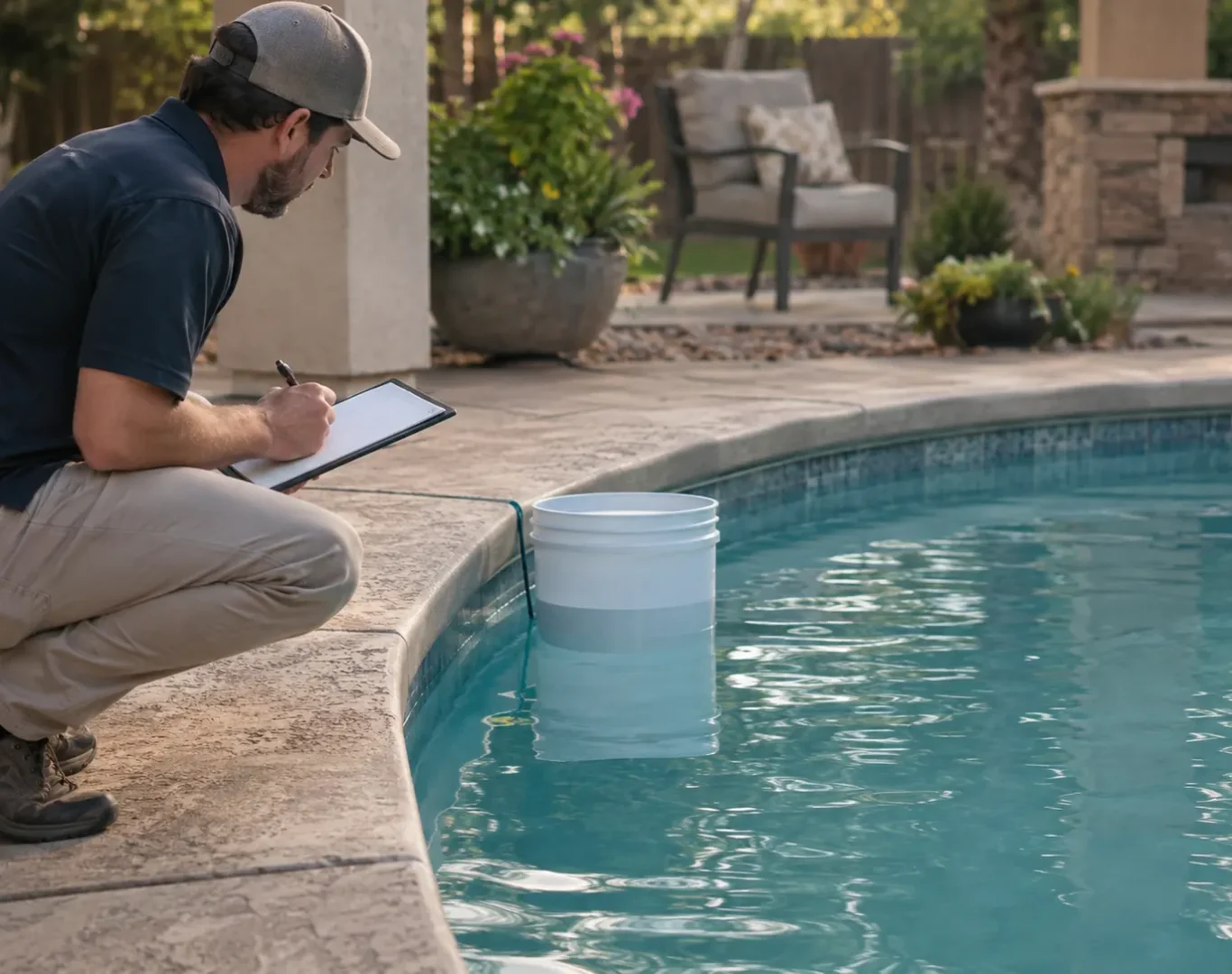 Pool Leak Detection in Canyon Country - CA as a technician inspects skimmer lines beside a backyard pool