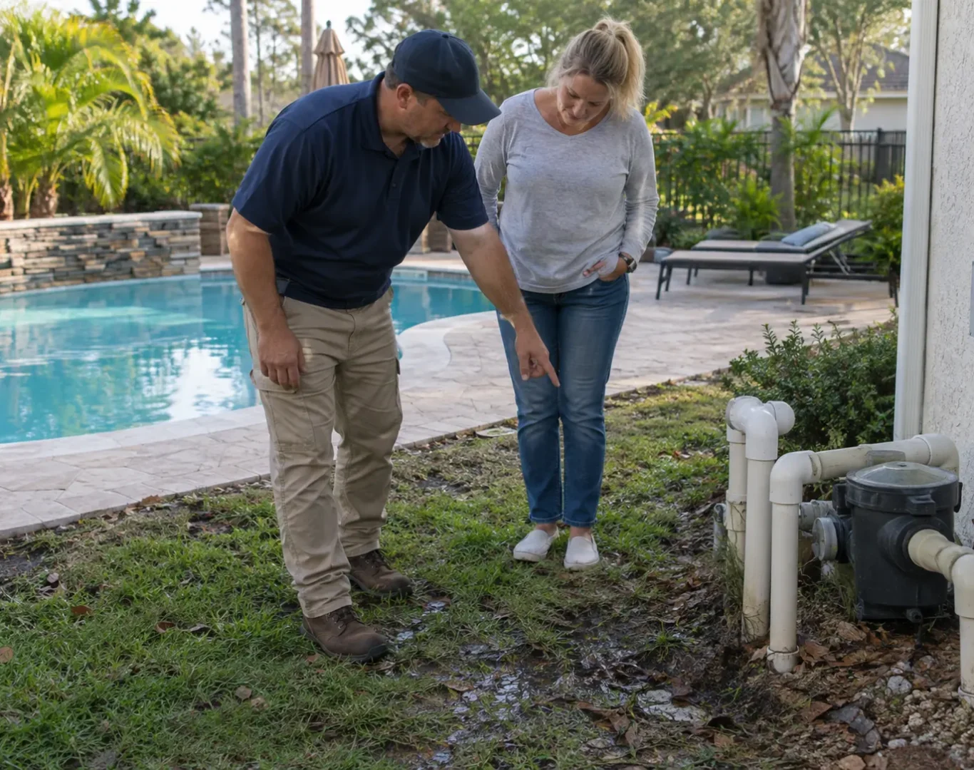 Specialist performing Pool Leak Detection near a Canyon Country - CA pool equipment pad with testing tools